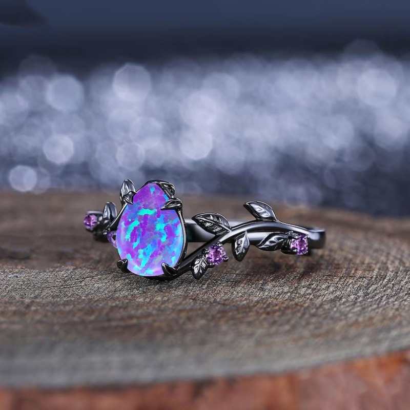 2pcs Black Teardrop Cut Purple Stone Ring Set